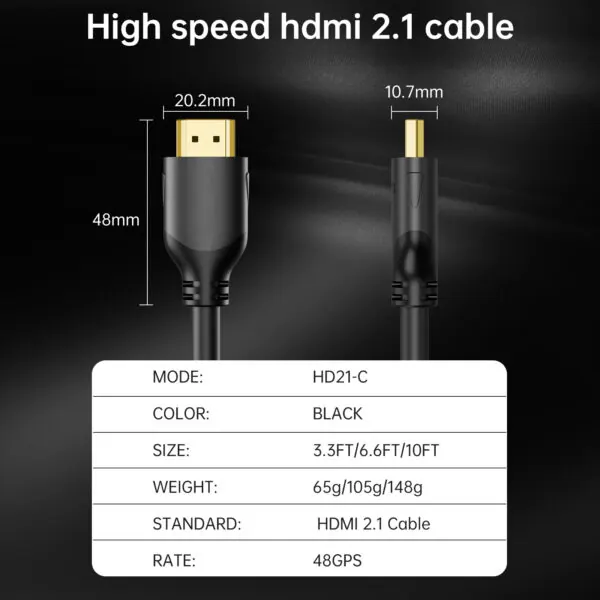 HDMI 2.1 Cable Dimensions, Supports 8K 60Hz & 4K 120Hz