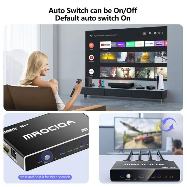 MROCIOA HDMI switch auto mode toggle by 3-second press