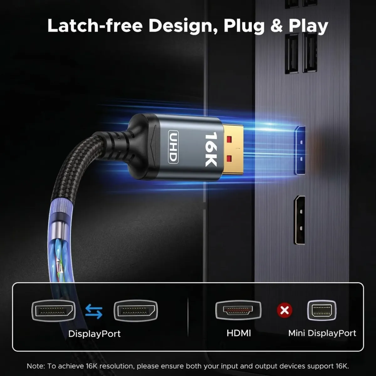 16K displayport cable, Display Port Cable 6.6ft, 54Gbps DP Cable