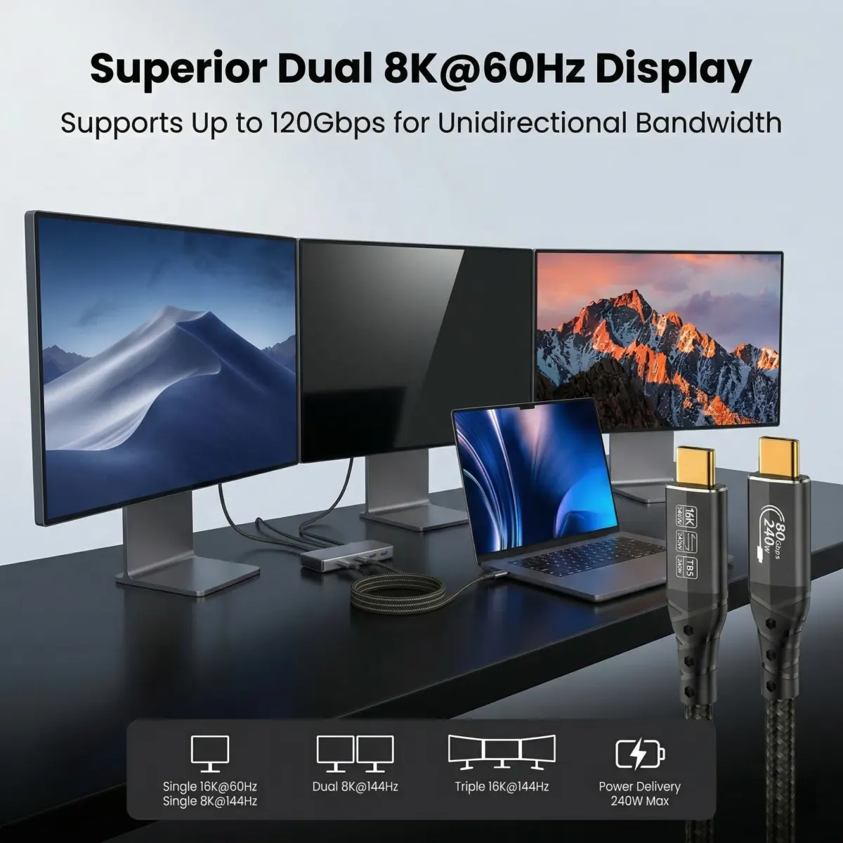 Thunderbolt 5 Cable 3.3FT, High-Speed USB C Cable, 120Gbps Bandwidth, Supports 16K / Dual 8K Displays, 240W Fast Charging