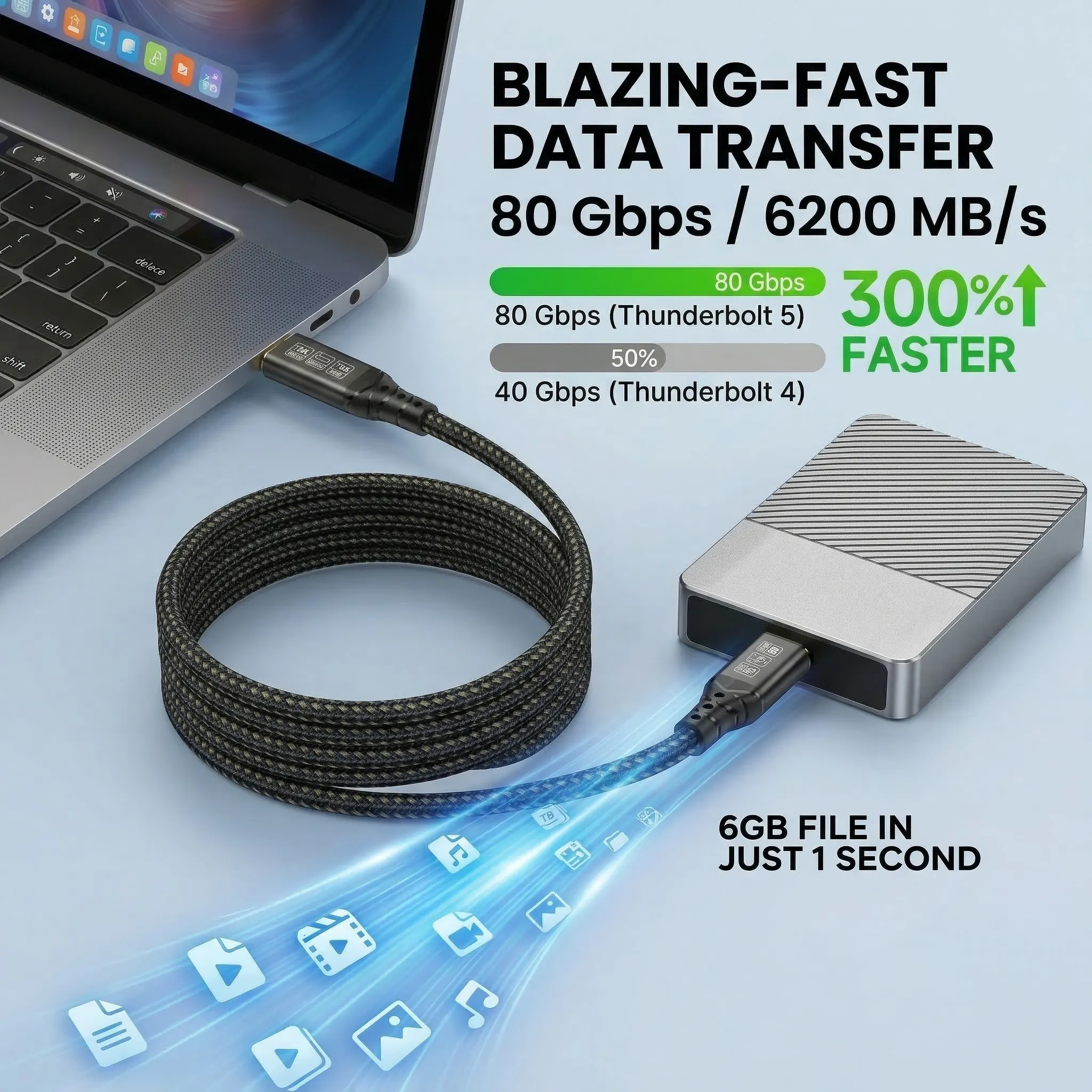 MROCIOA Thunderbolt 5 USB-C cable 120Gbps 240W for 16K and dual 8K displays