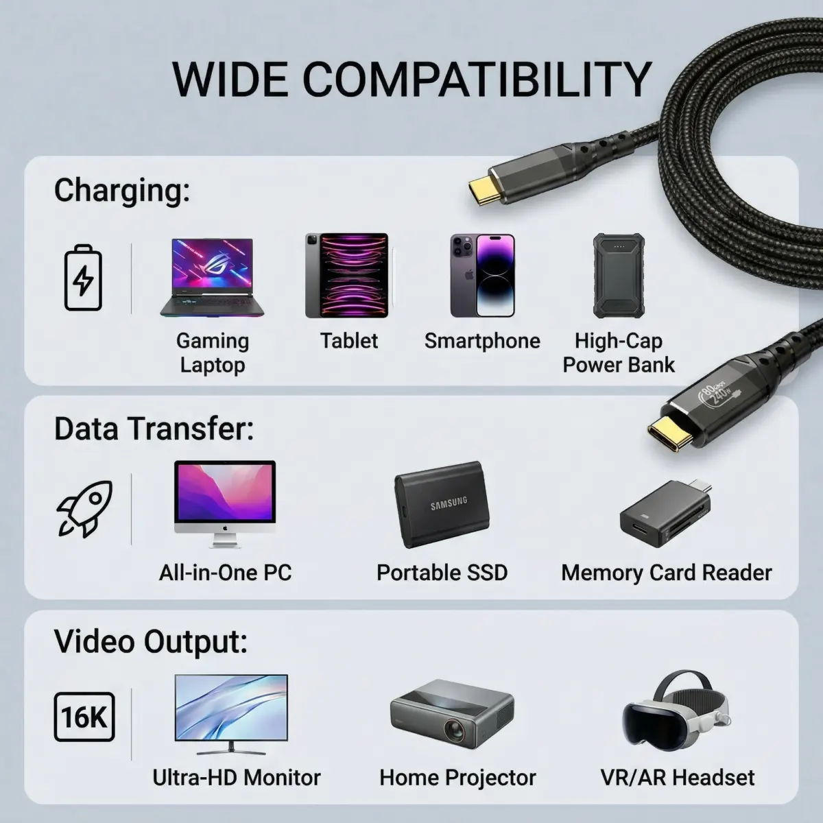 Thunderbolt 5 Cable 3.3FT, High-Speed USB C Cable, 120Gbps Bandwidth, Supports 16K / Dual 8K Displays, 240W Fast Charging
