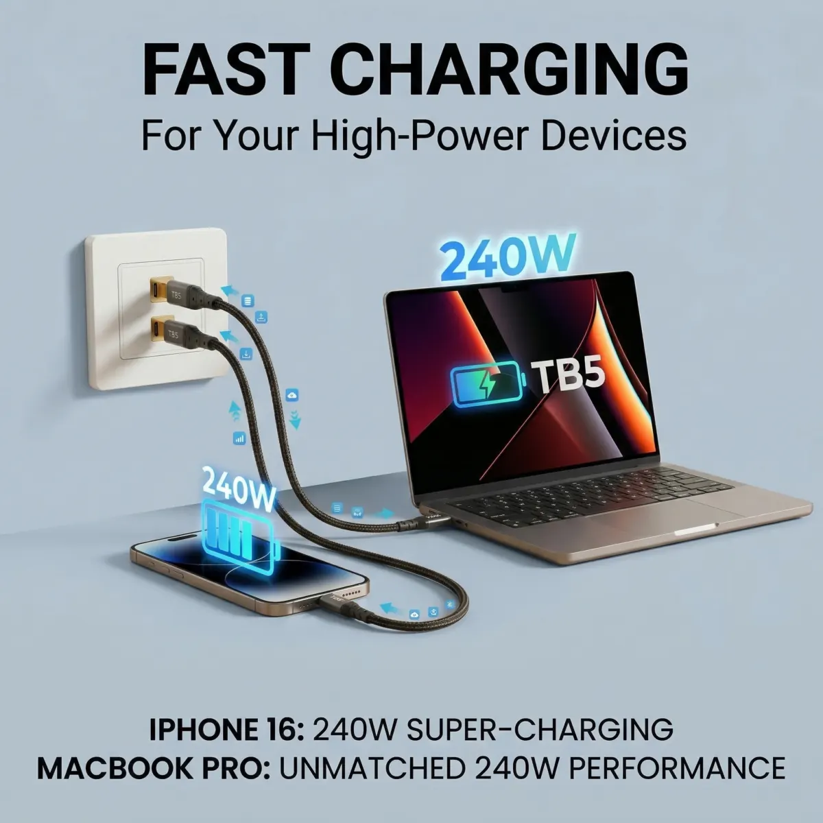 Thunderbolt 5 Cable 3.3FT, High-Speed USB C Cable, 120Gbps Bandwidth, Supports 16K / Dual 8K Displays, 240W Fast Charging