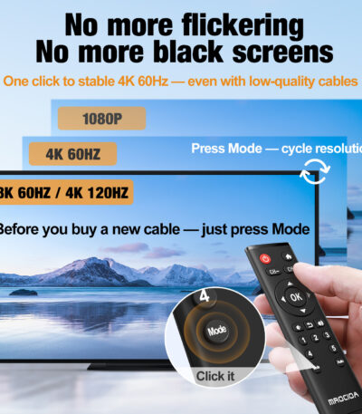 HDMI switch MODE button cycles resolution 8K 4K 1080P to fix black screen and flickering with low-quality cables