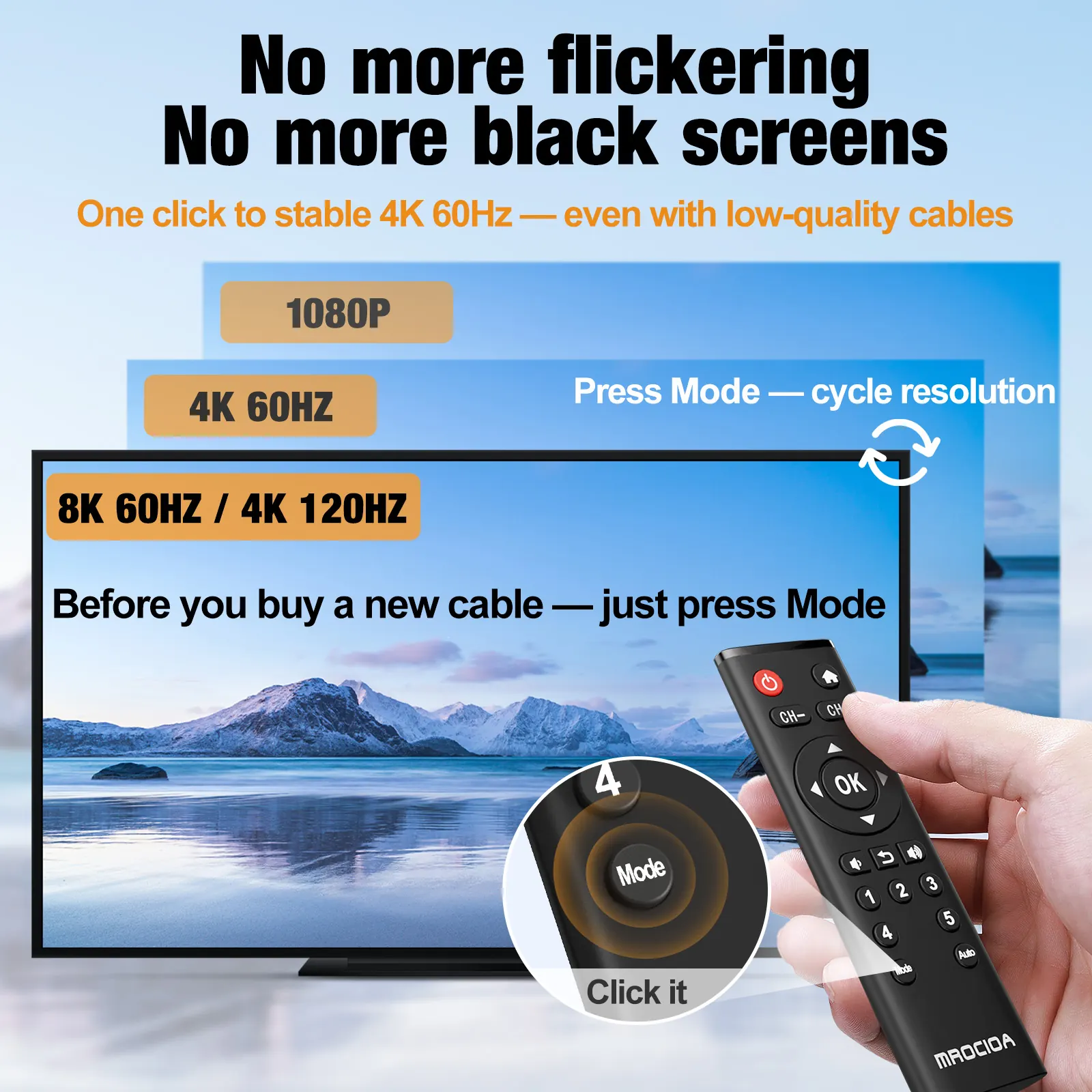 HDMI switch MODE button cycles resolution 8K 4K 1080P to fix black screen and flickering with low-quality cables