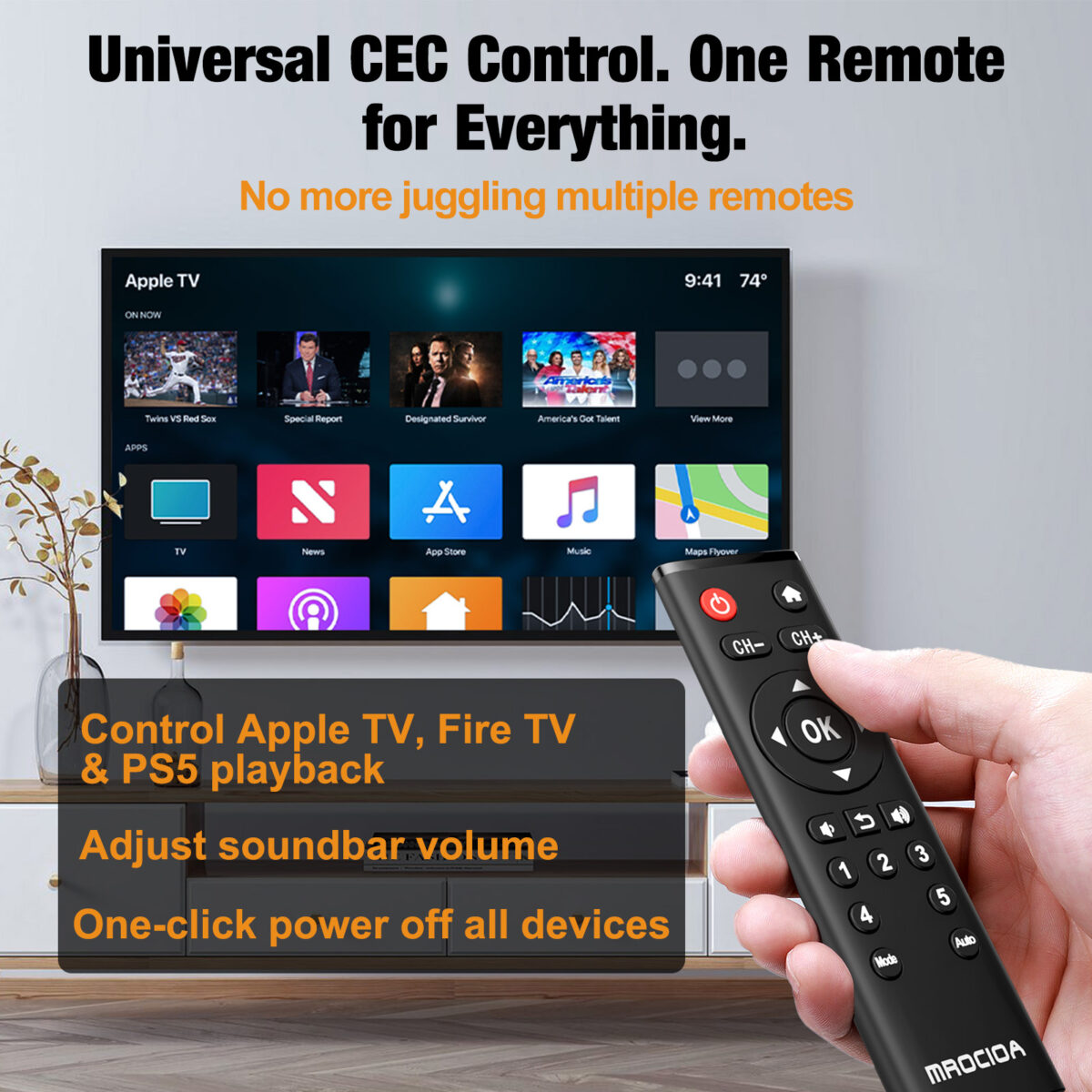 HDMI switch with remote 4K 120Hz CEC control for Apple TV Fire TV PS5 soundbar volume and one-click power off
