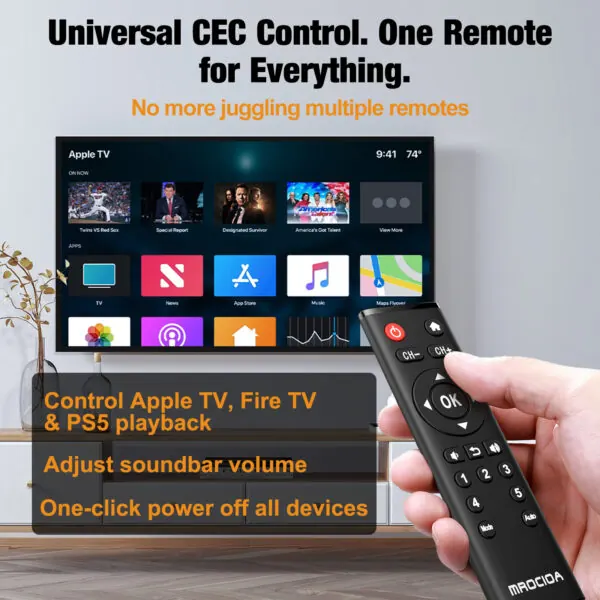 HDMI switch with remote 4K 120Hz CEC control for Apple TV Fire TV PS5 soundbar volume and one-click power off