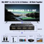 HDMI switcher 5 in 1 out connecting PS5 Nintendo Switch Apple TV and PC to one TV with HDCP 2.3 and ARC on Port 1