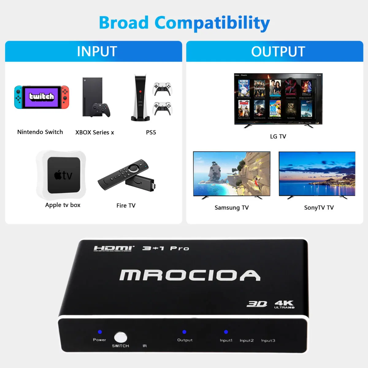 4k 60hz ARC eARC HDMI Switch 3 in 1 out for apple tv fire tv