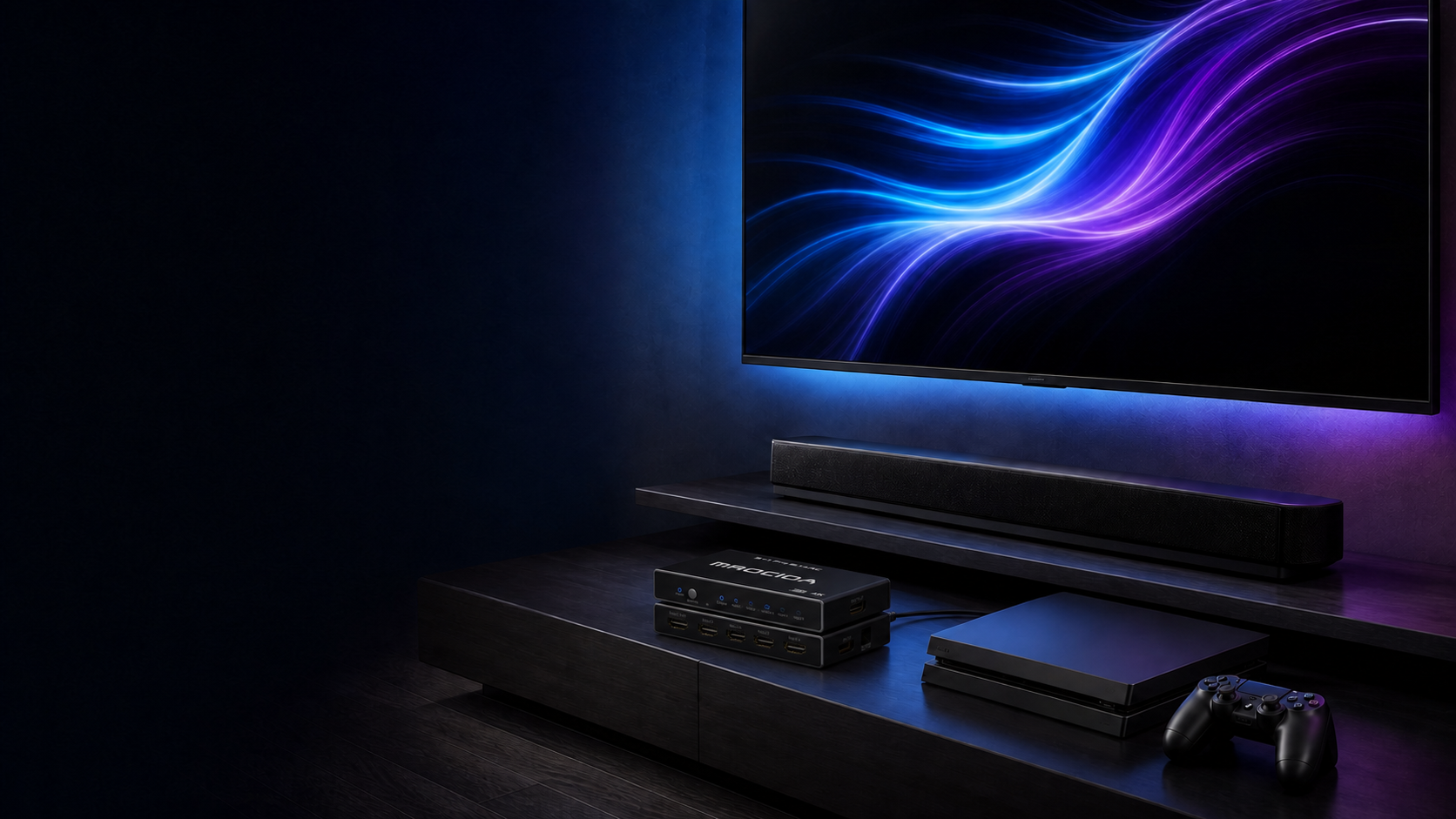 Sony TV, soundbar, PS5 and MROCIOA S5 Pro HDMI switch in a home theater setup