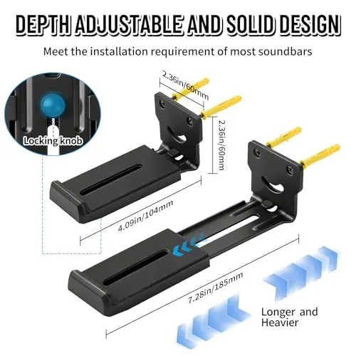 Adjustable soundbar mount depth from 4.09 to 7.28 inches